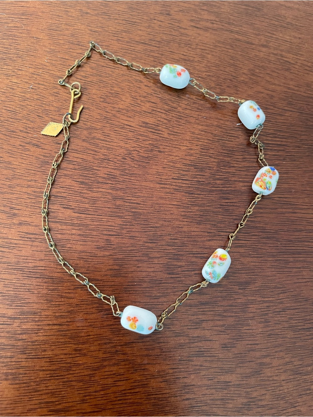 VINTAGE PORCELAIN BEADED NECKLACE MULTICOLOR FLORAL WITH METAL CHAIN